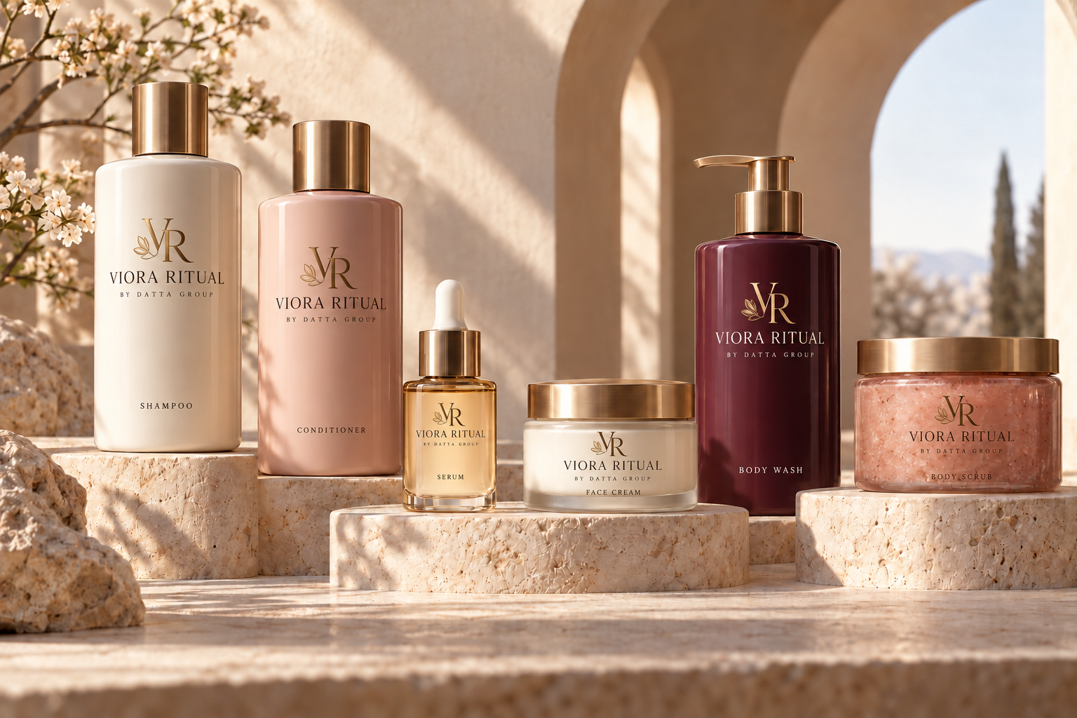 VIORA RITUAL cosmetics in blush and champagne packaging